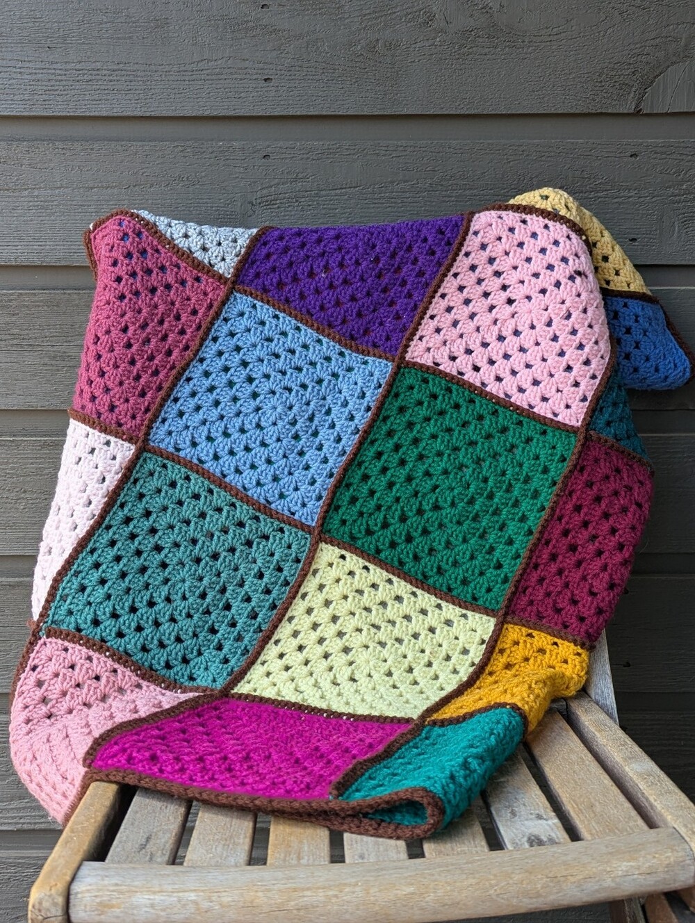 Handmade Colorful Box Squares Crochet Patchwork Throw Blanket 38" x 52"